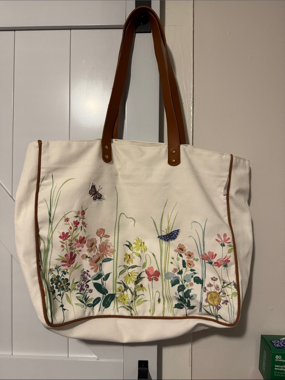Papyrus Floral extra large Canvas Tote Bag with Brown Trim